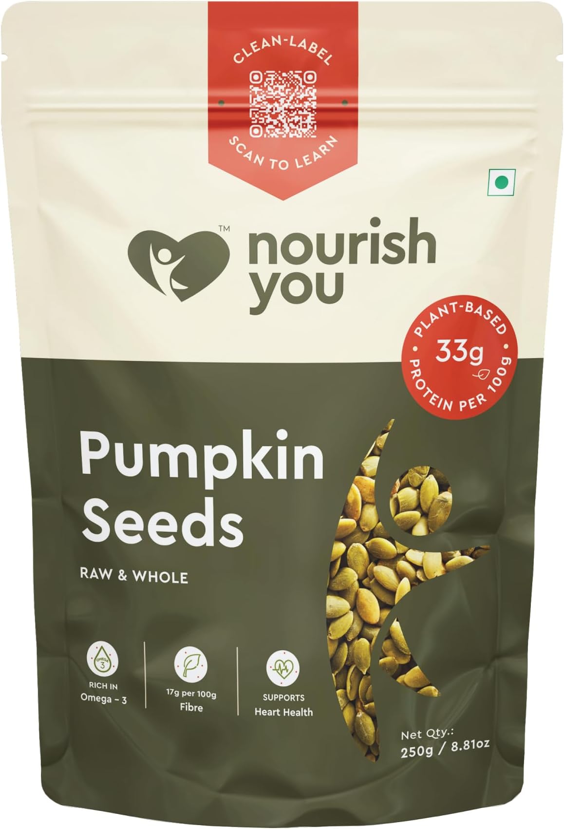 Nourish You Raw Pumpkin Seeds 250 gm โ High Protein, Fiber-Rich Superfood Snack | Nutrient-Dense & Crunchy Seeds for Healthy Snacking & Weight Management | Natural