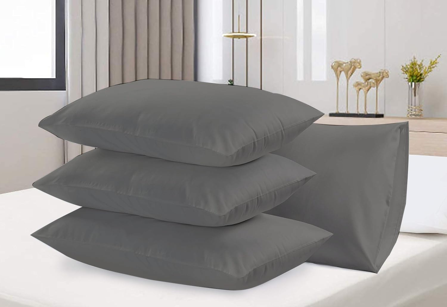 Rehan & Co Grey Pillow Cases 4 Pack 200 Thread Count Egyptian Cotton Bedding Envelope Enclosure Hotel Quality Pillow Covers Breathable Housewife Pillowcases (50 X 75 Cm)