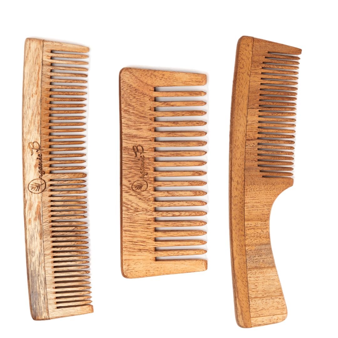Organic B Neem Comb Set |3 Pcs |Dual + Handle + Wide Teeth| Rosemary Infused