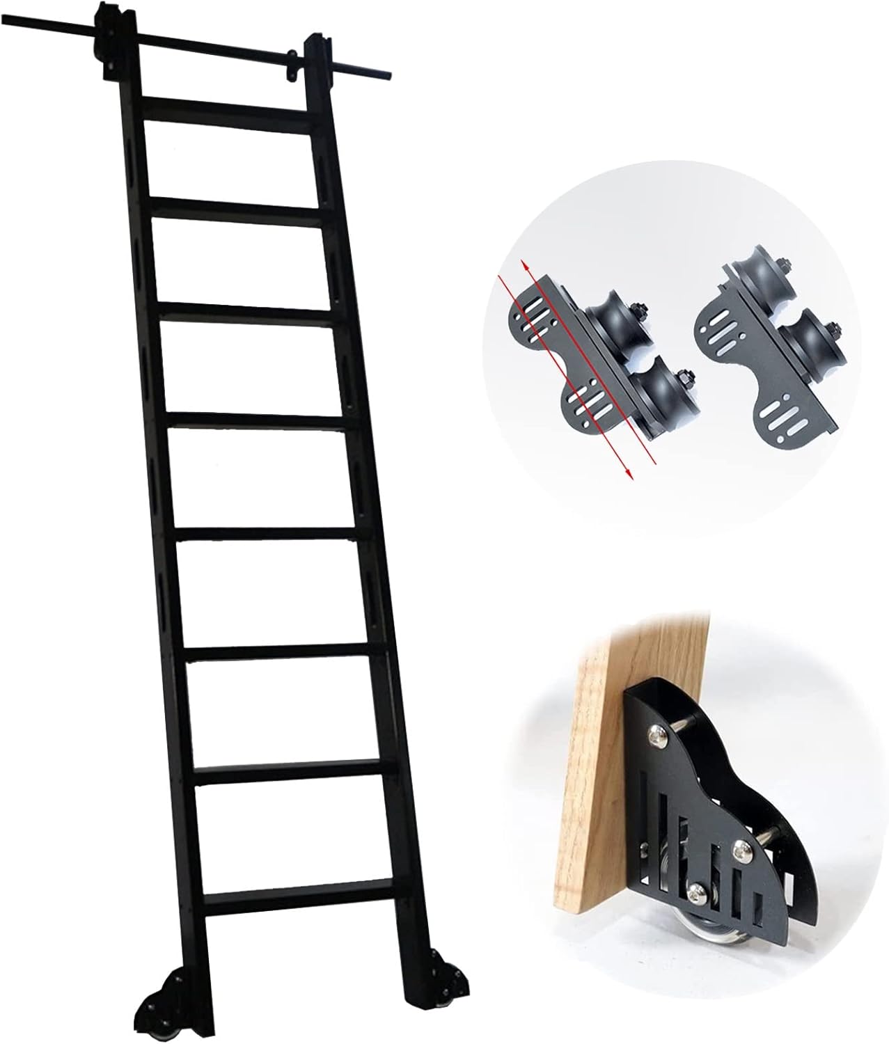 Retractable Sliding Library Ladder Hardware 3.3ft-20ft，Round Tube Mobile Ladder Track Rolling Ladder Rail Full Set Kit with Floor Roller Wheels(No Ladder) - Black (Size :
