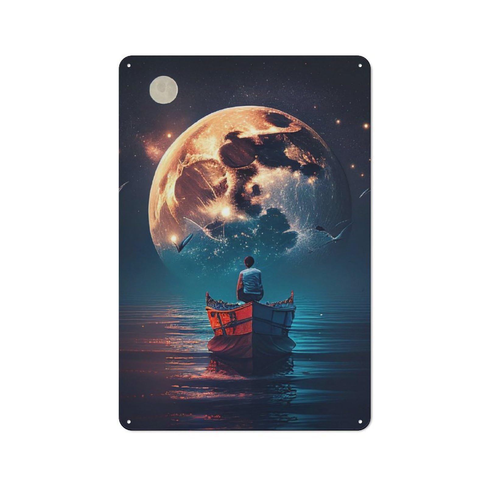 Junmoney Landscape Boat Moon Metal Sign 30X20cm With For Workshop Wall, Rustic Decor, For Garage, Workshop And Man Cave Decoration