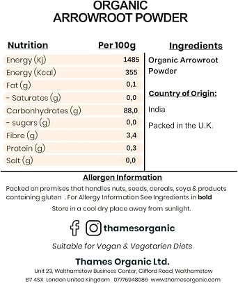 Organic Arrowroot Powder 100g - Arrowroot Flour, Starch Non-GMO Thickening Agent - No Additives or Preservatives - Vegan, Certified Organic - Perfect for Baking and Cooking - Thames Organic