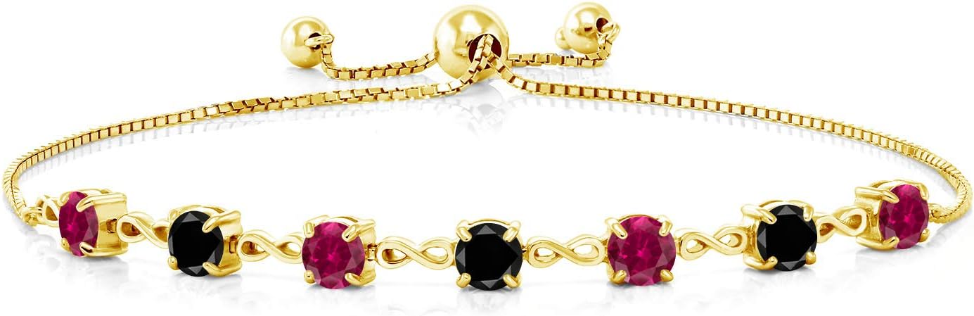 Gem Stone King 18K Yellow Gold Plated Silver Red Created Ruby and Black Diamond Infinity Tennis Bracelet For Women (2.71 Cttw, Gemstone July Birthstone, Round 4.5MM, Fully Adjustable Up to 9 Inch)