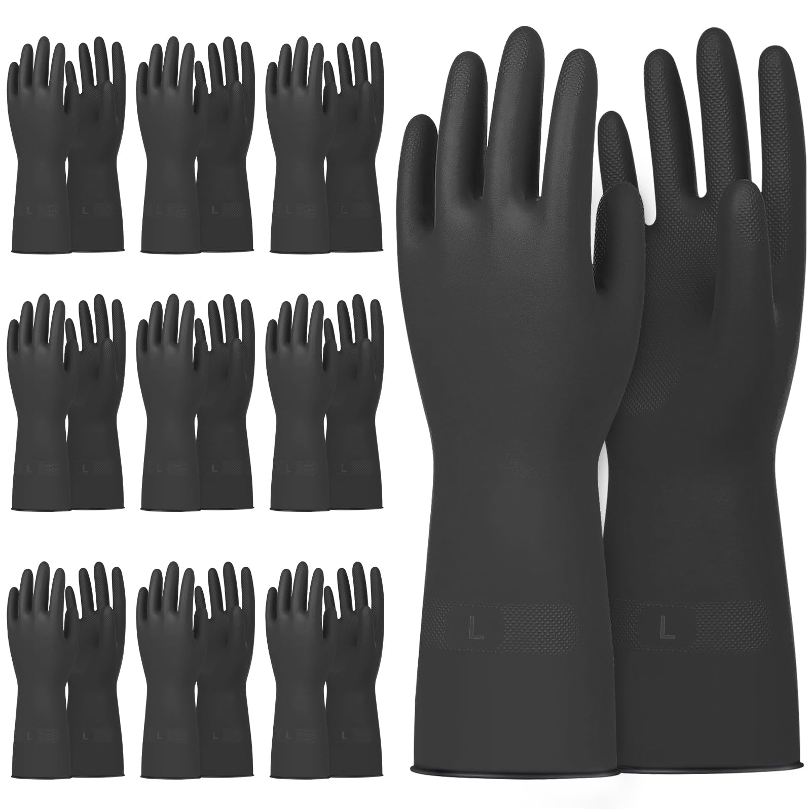 Beieverluck 10 Pairs Chemical Resistant Gloves, Reusable Heavy Duty Rubber Work Gloves with Textured Palm, Black Cleaning Dishwashing Gloves, Large