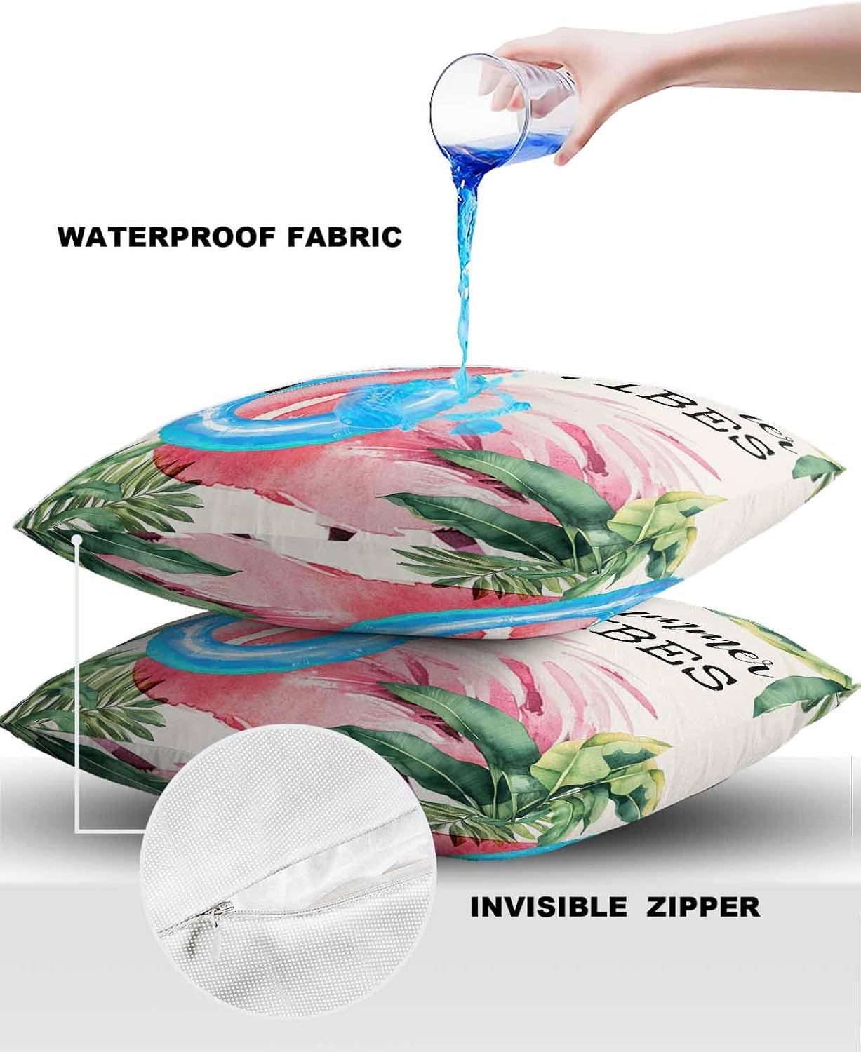 Summer Outdoor Waterproof Throw Pillow Covers 24 x 24 Inch Set of 2, Tropical Plants Palm Leaf Flamingos Pillowcases Decorative Square Cushion Cases for Patio Furniture Couch Porch Garden