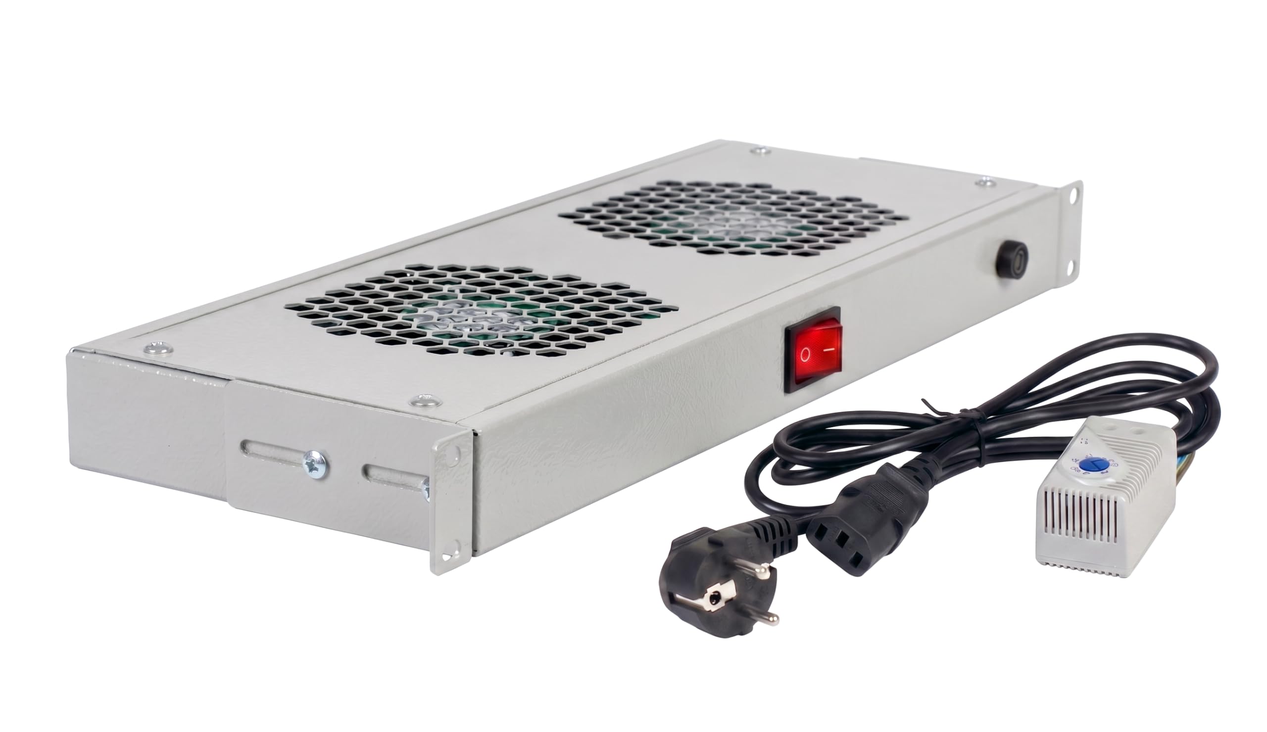 SABAJ M&D Unità di Ventilazione 2 Ventole con Termostato 19" 1U per Armadio Rack e Armadio di Rete – Profondità Regolabile – Cavo 1,8 m Incluso – Grigio RAL 7035