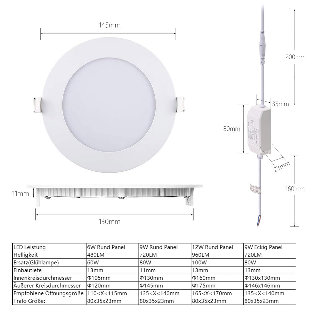 5er LED Einbaustrahler 230V, 9W 720LM Deckenspots Spotlight Dimmbar, 11mm Ultra Flach Einbauleuchten mit Trafo IP44 LED Spots Lampe für Badezimmer Küche Wohnzimmer Warmweiß 3000K Rund Panel
