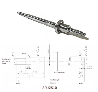 25mm Ballscrew Kit SFU2510 RM2510 Anti-Backlash Ball Screw, L 31.5 inch / 800mm 10mm Pitch + Ball Screw Metal Nut + BK/BF20 Bearing End Supports + Coupler + Nut Housing for CNC Machine