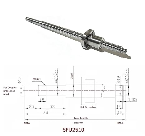 25mm Ballscrew Kit SFU2510 RM2510 Anti-Backlash Ball Screw, L 31.5 inch / 800mm 10mm Pitch + Ball Screw Metal Nut + BK/BF20 Bearing End Supports + Coupler + Nut Housing for CNC Machine