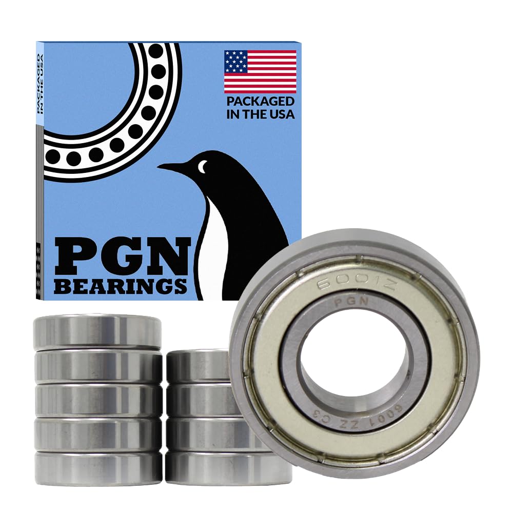 PGN (10 Pack) 6001-ZZ Bearing - Lubricated Chrome Steel Sealed Ball Bearing - 12x28x8mm Bearings with Metal Shield & High RPM Support