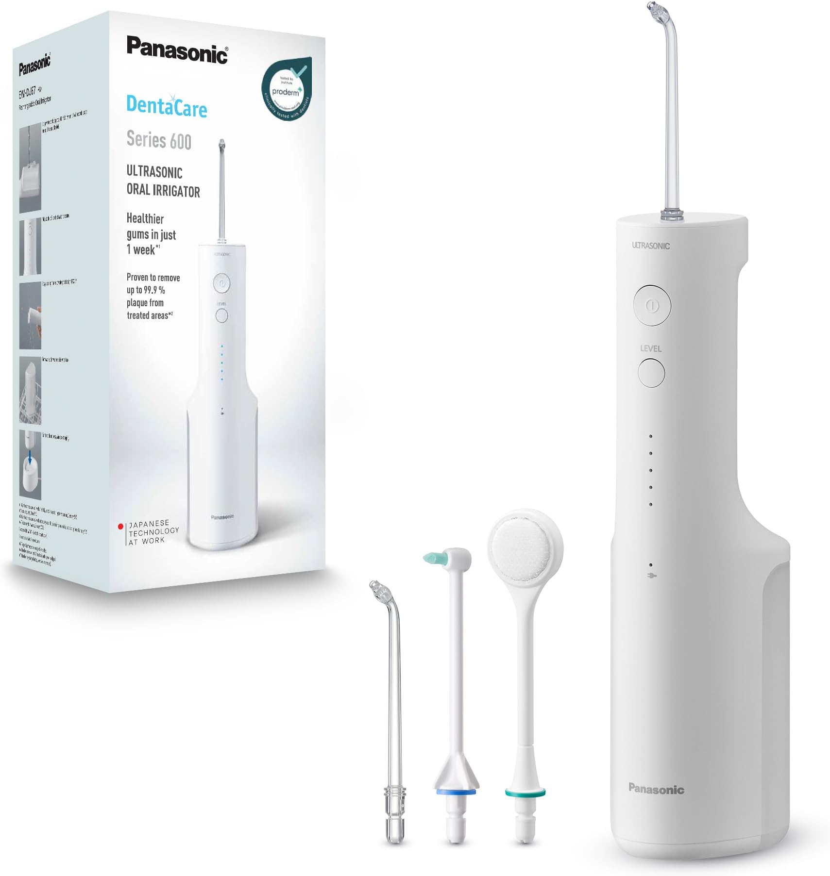 Series 600 Ultrasonic Oral Irrigator EW-DJ67-W311, Water Flosser for Teeth, 200ml, IPX7, 2 Ultrasonic Nozzles, 1 Orthodontic & 1 Tongue Care Nozzle, 5 Pressure Settings, White