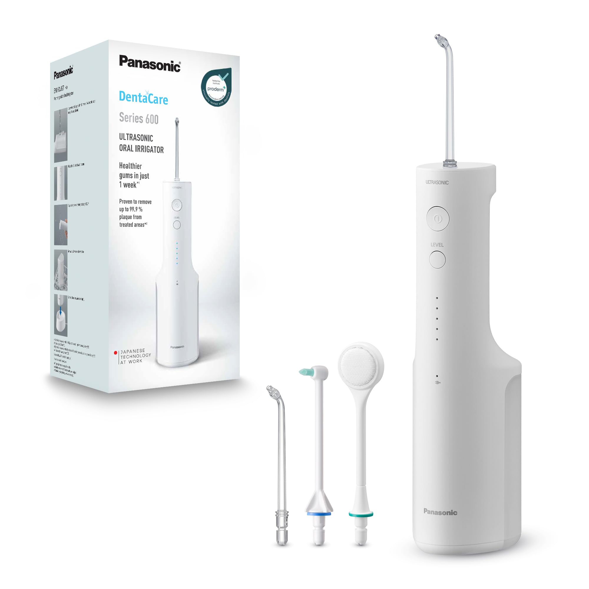 Series 600 Ultrasonic Oral Irrigator EW-DJ67-W311, Water Flosser for Teeth, 200ml, IPX7, 2 Ultrasonic Nozzles, 1 Orthodontic & 1 Tongue Care Nozzle, 5 Pressure Settings, White