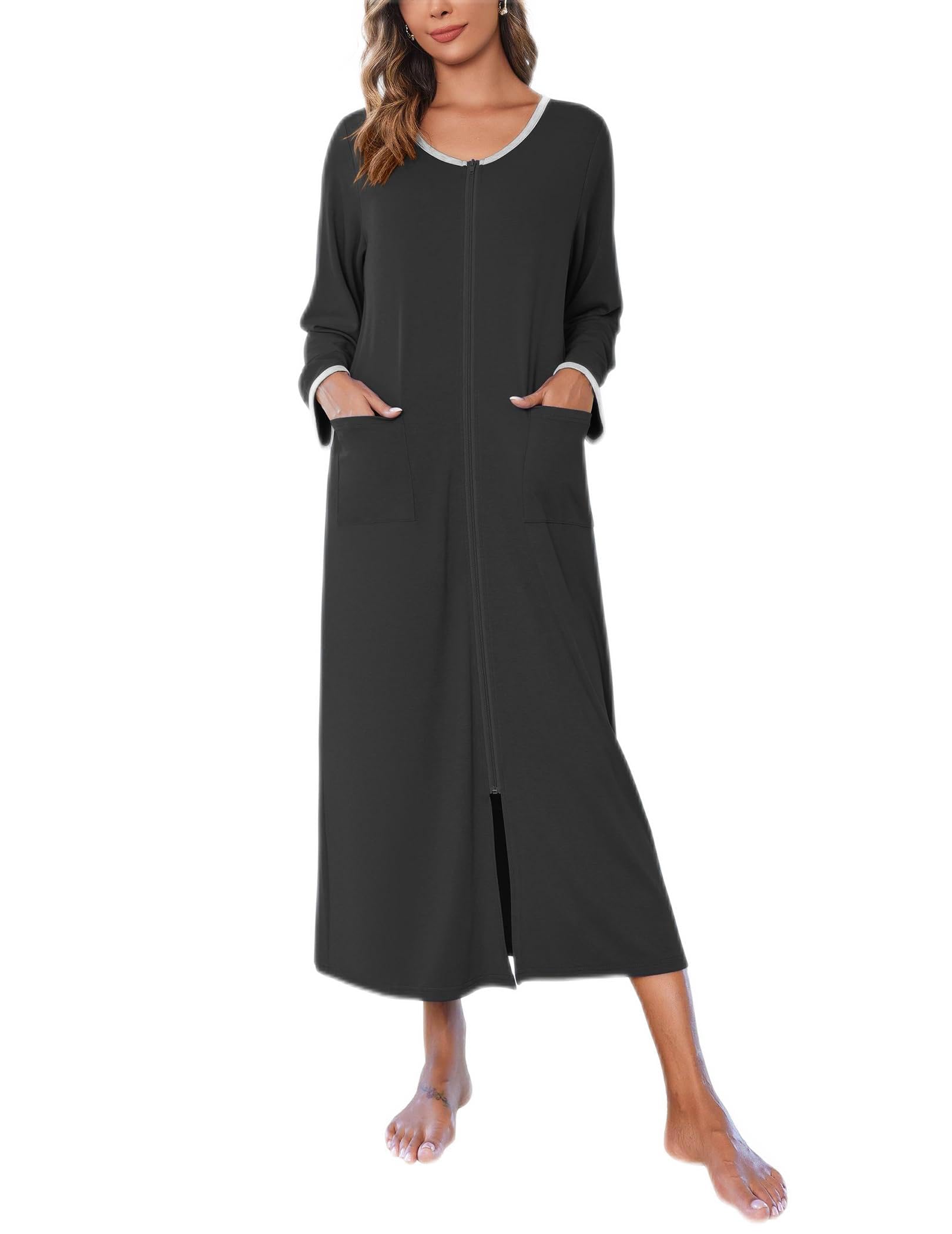 Ekouaer Women Long House Coat Zipper Front Robes Full Length Nightgowns with Pockets Striped Loungewear S-4XL