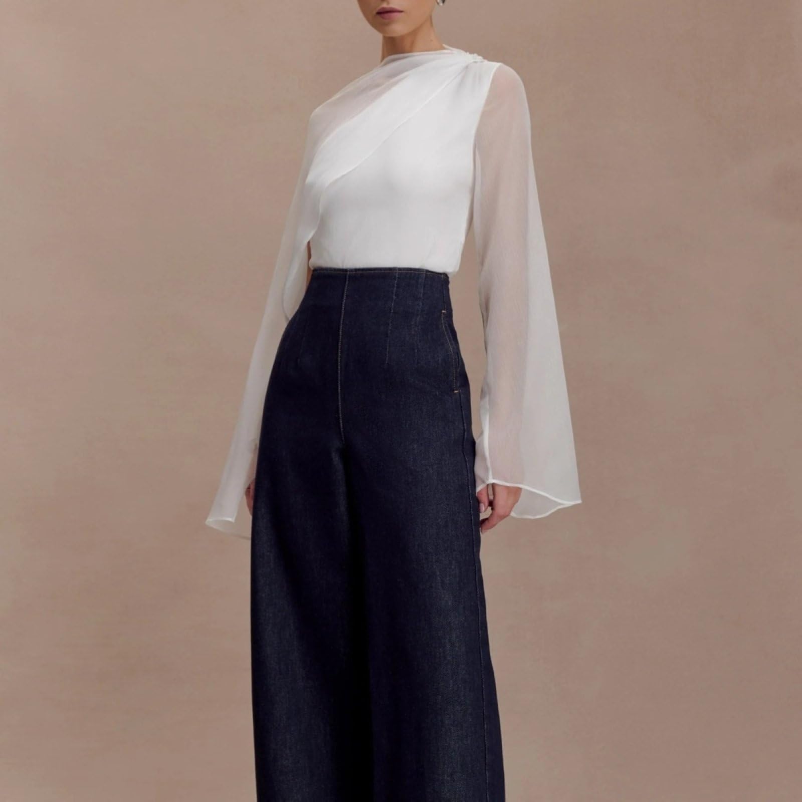 Blouse Pour Femmes À Manches Longues Fluides Coupe Slim Mode Sexy En Résille Châle Asymétrique