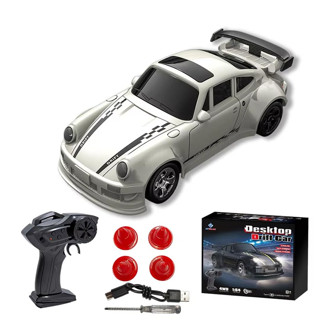 LenyKingPro 1/64 RC Drift Car, 2.4G 4WD Remote Control High Speed Mini Racing Car, Electric Racing RC Sports Car with Full Proportional Control - RTR Version (White)
