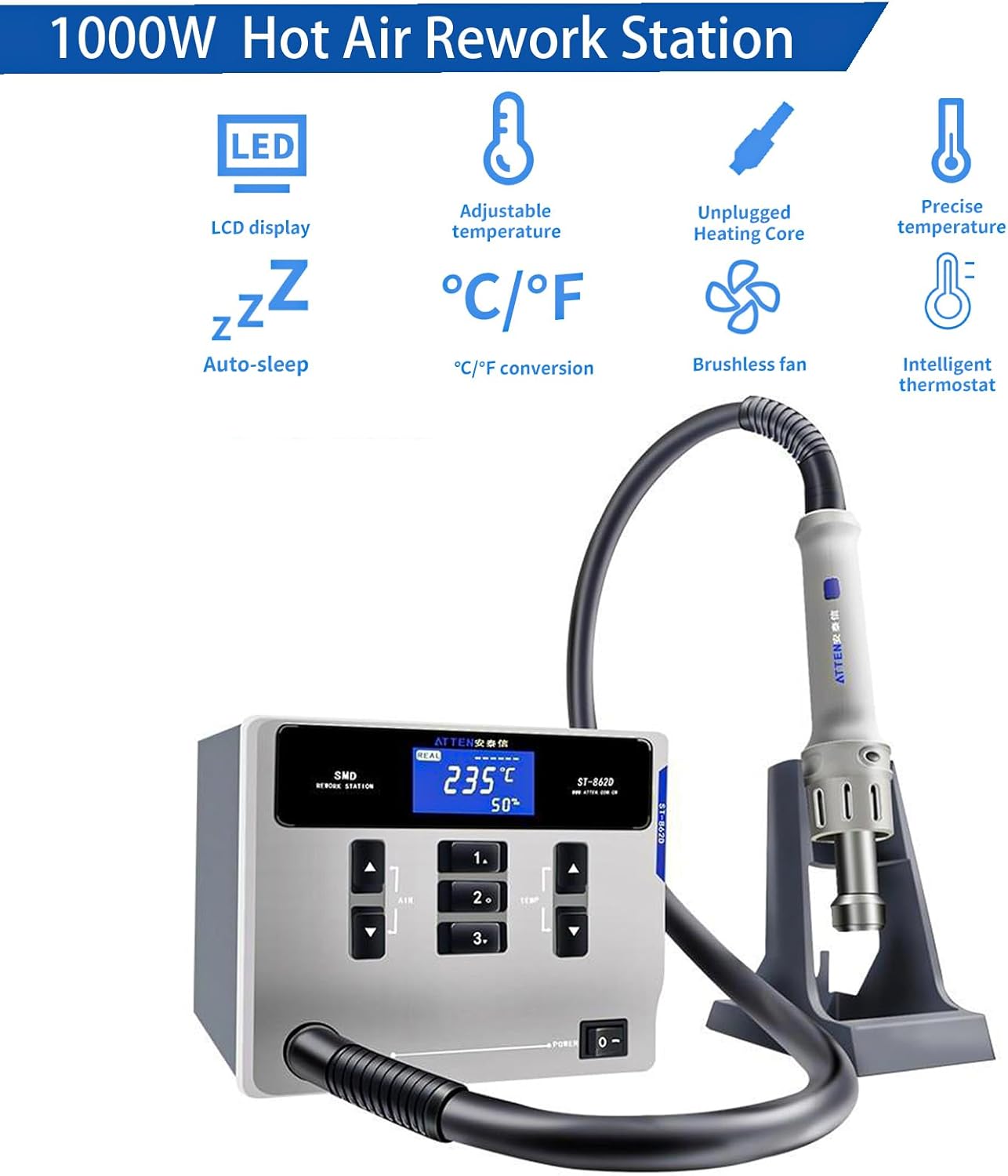 ATTEN ST-862D 1000W Digital Display Automatic Sleep, Hot Air Rework Station with 7 air nozzles, Hot Air Gun Soldering Station, Adjustable Temperature Desoldering Gun BGA Rework Station