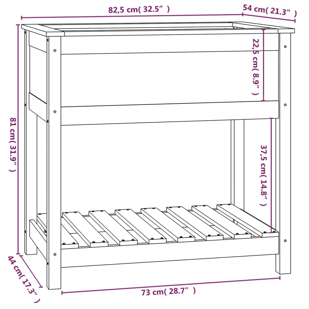 Jardinera con estante negro, 82,5 x 54 x 81 cm, madera maciza de pino para balcón y patio, jardinera elevada ergonómica con amplio espacio para plantas, huerto y hierbas aromáticas,
