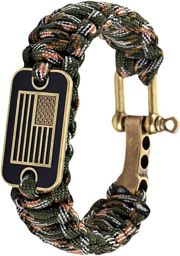 Men’s Tactical Paracord Survival Bracelet – US Flag Pendant, Adjustable, Multi-Tool, Green Camo Gold Thread