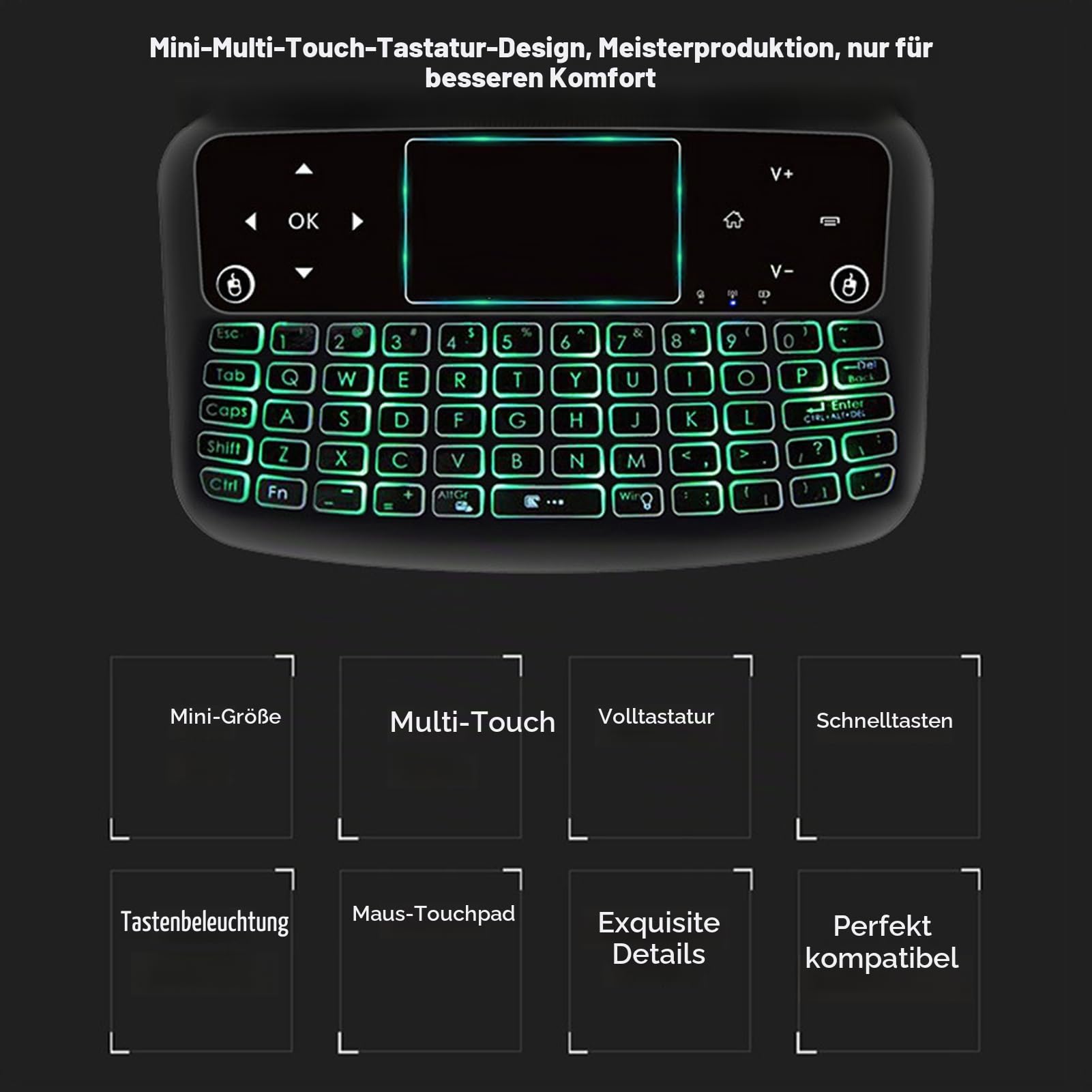 Denash 2,4 GHz Wireless-Tastatur, Hintergrundbeleuchtung Touchpad-Tastatur Fernbedienung Maus-Tastatur mit USB-Empfänger für PC, Laptop, Smart TV, HTPC