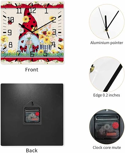 Miniatura 4 de Reloj de pared de madera con gnomos de mariquita, silencioso, sin tictac, para verano, primavera, tulipán, cuadrado, funciona con pilas, reloj