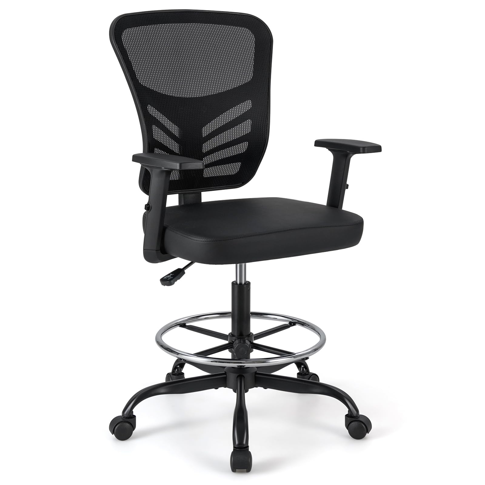 Giantex Drafting Chair, Standing Desk Chair with Lumbar Support, Footrest Ring & Armrests, Height Adjustable Executive Rolling Stool Computer Task Chair, Ergonomic Tall Office Chair, Black