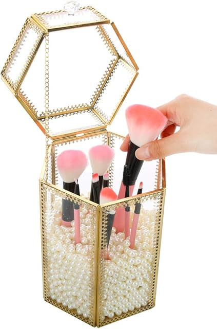 YunNasi Makeup Brush Holder with White Pearl Glass Makeup Storage Cosmetic Organizer for Bathroom Dressing Table Woman Vanity (Large2)