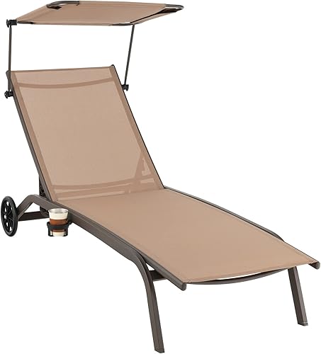 Tangkula Tumbona para patio, reclinable al aire libre con ruedas, toldo ajustable y portavasos, respaldo de 6 niveles, tumbona reclinable de metal
