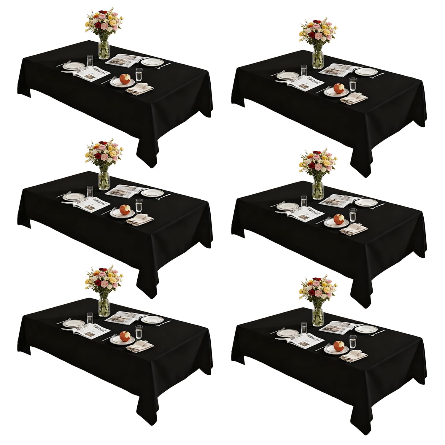 Photo 1 of Lemict Rectangle Tablecloth 60" x 84", Black Washable Polyester Table Cloth, Wipeable Table Cover for Dining, Wedding, Birthday, Party, Banquet Decor, 6 Pack