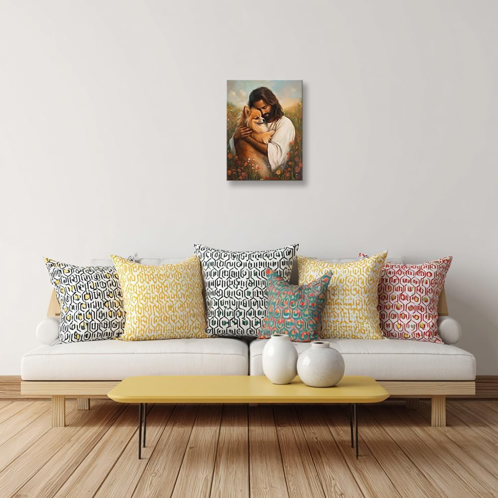 Anypicrt Jesus Poster Jesus Hugs Pomeranian Dog Wall Art Prints Framed Wall Hanging Canvas Religious Christian Artwork for Bedroom Decor