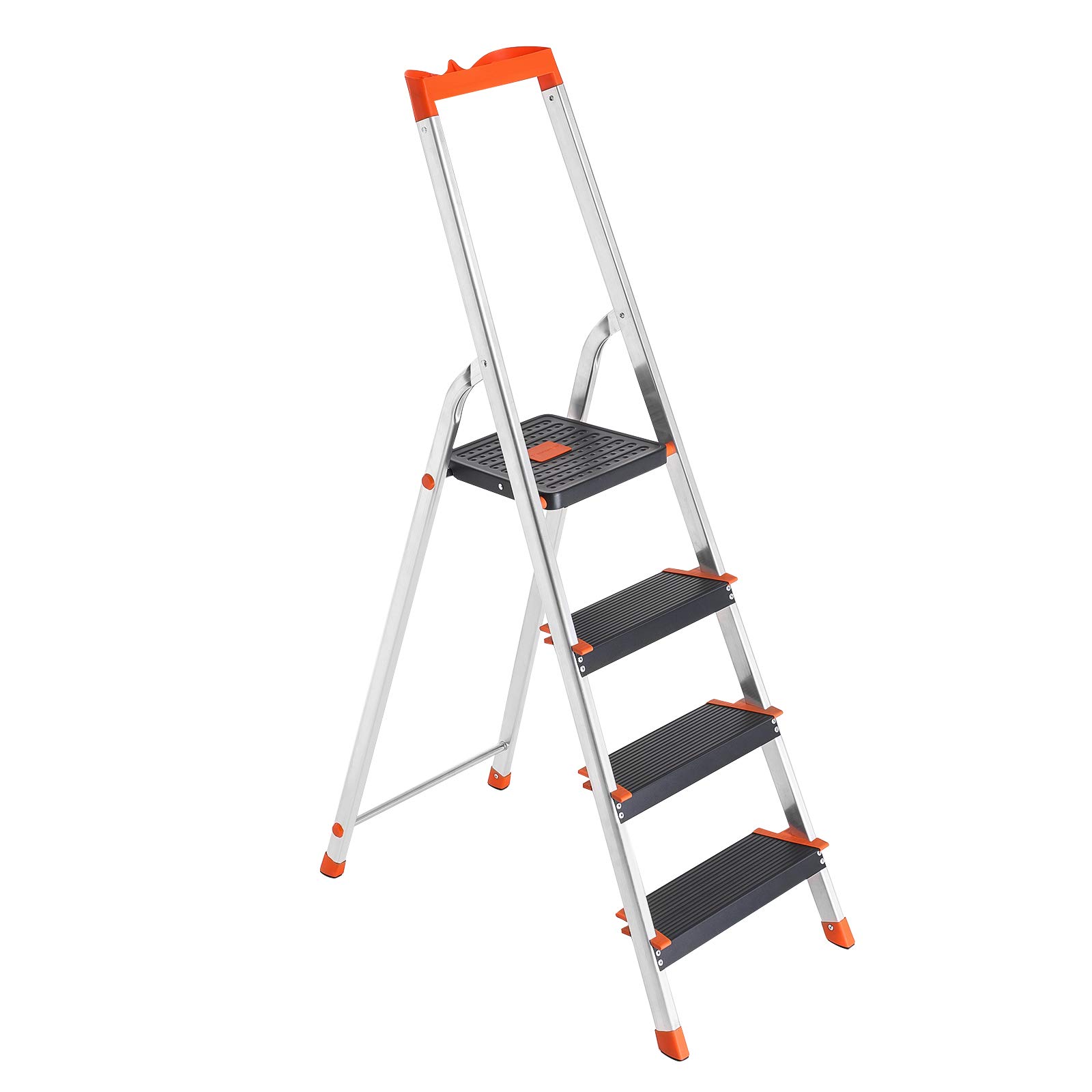 SONGMICS Escalera de 4 Peldaños, Escalera de Aluminio con Peldaños de 12 cm de Profundo, Plegable, Bandeja y Pies Antideslizantes, Carga de 150 kg, Negro y Naranja GLT04BK