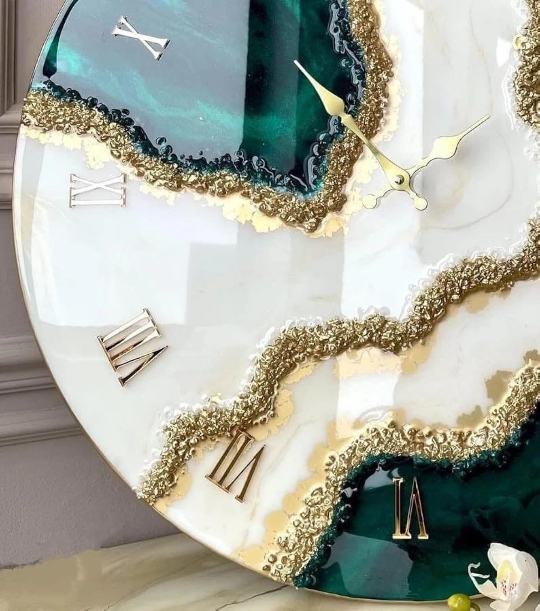 Sophisticated Luxury Resin Wall Clock, White and Teal