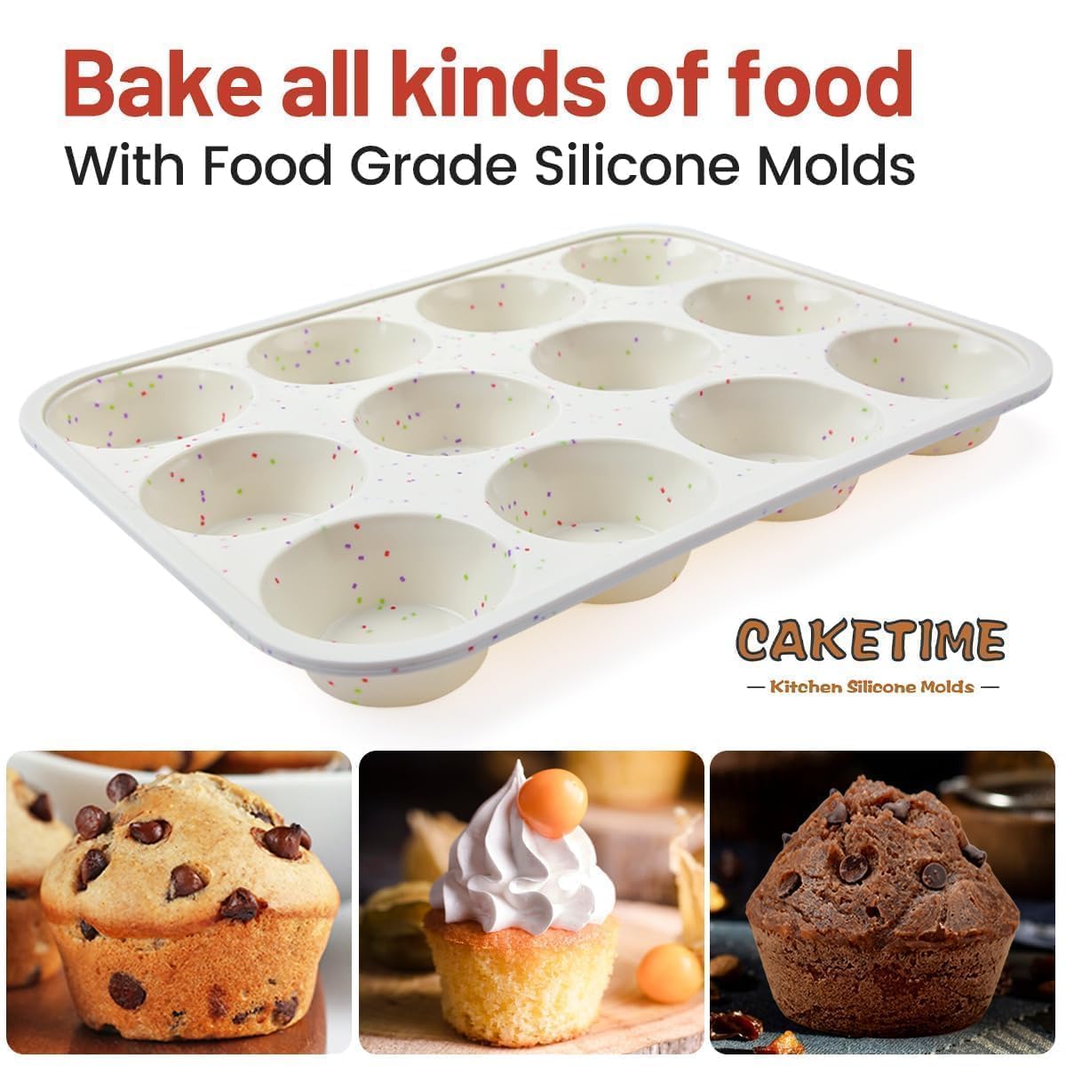 CAKETIME Molde de silicona para magdalenas, marco reforzado de metal, 12 tazas, tamaño regular, fácil de mover dentro o fuera del horno, antiadherente (2)