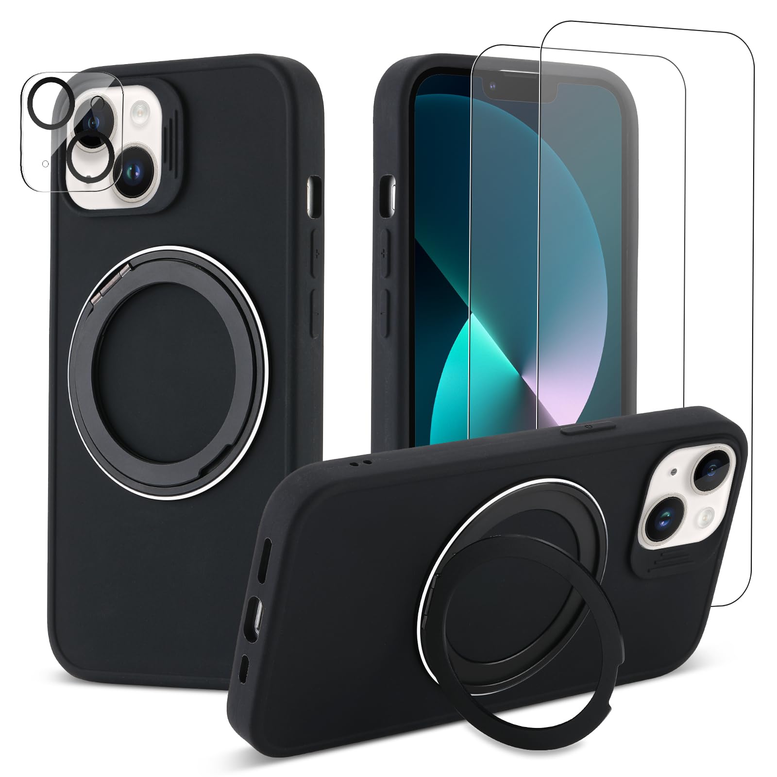 DUEEFA for iPhone 13 Case/iPhone 14 Case 6.1'',360° Rotating Magnetic Metals Ring Stand,with [2X Screen Protector+2X Lens Protectors] Shockproof