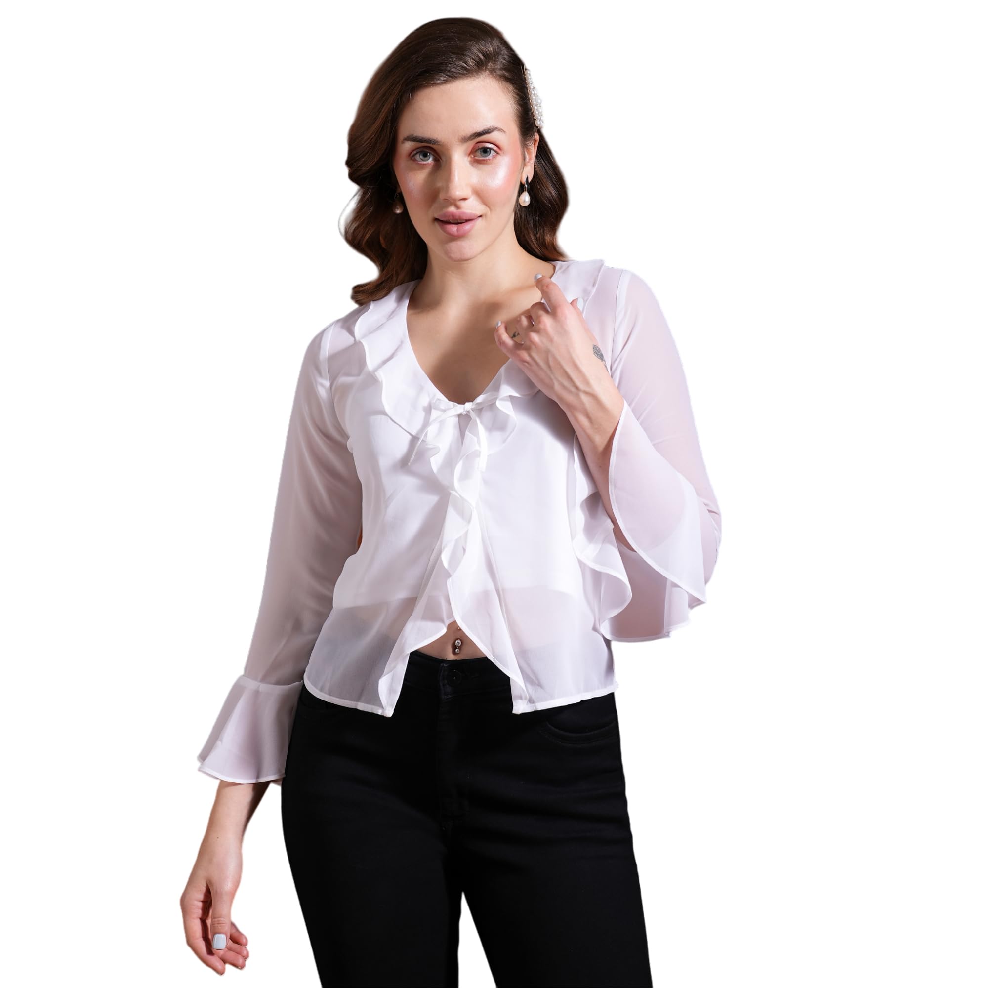 globus Women Ruffles Tie-Up Neck Bell Sleeves Georgette Party Top-picture-44