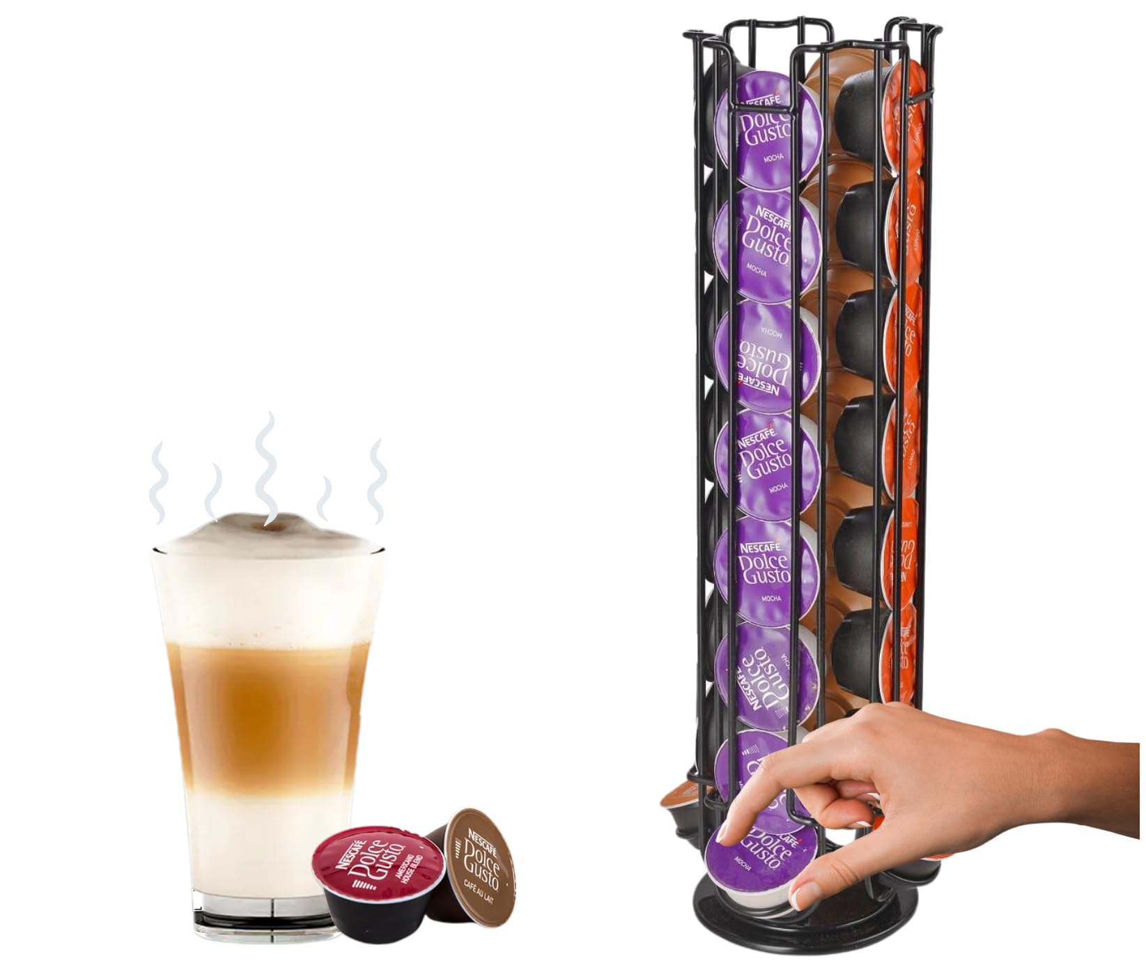 Trendi Black Rotating Coffee Capsule Stand For Dolce Gusto - Wire Rack Holds 24 Or 32 Pods, 360° Rotating Coffee Pod Tower, Space-Saving Kitchen Storage Organizer (32)