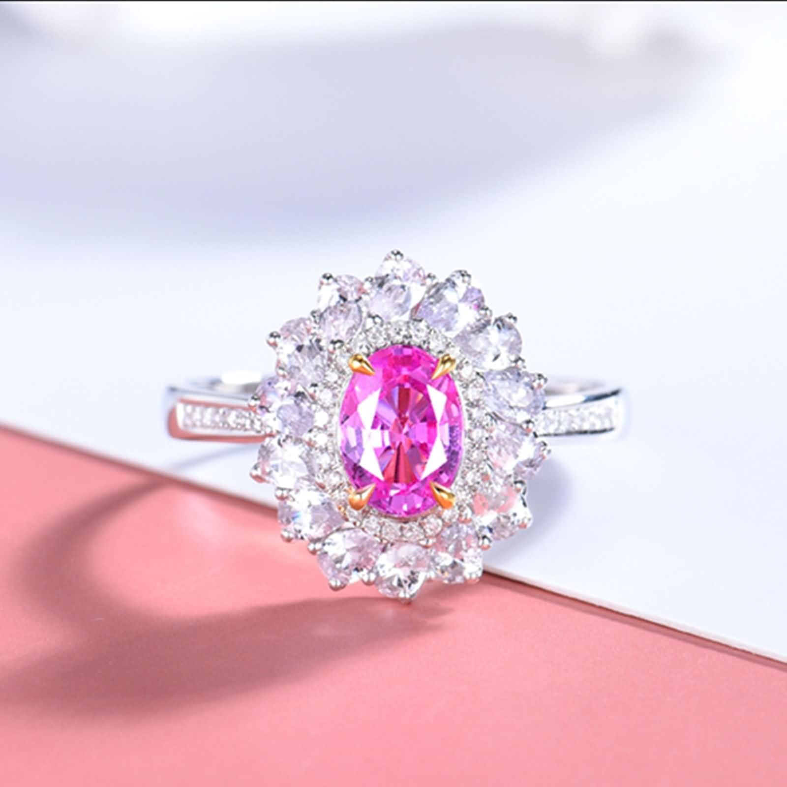 Pierścionek damski ślubny 9K / 14K / 18K białe złoto, kwiat i 4 owalne pazury z różowym szafirem i diamentem 0,79ct i diamentem, pierścionek małżeński kobiety srebrny różowy
