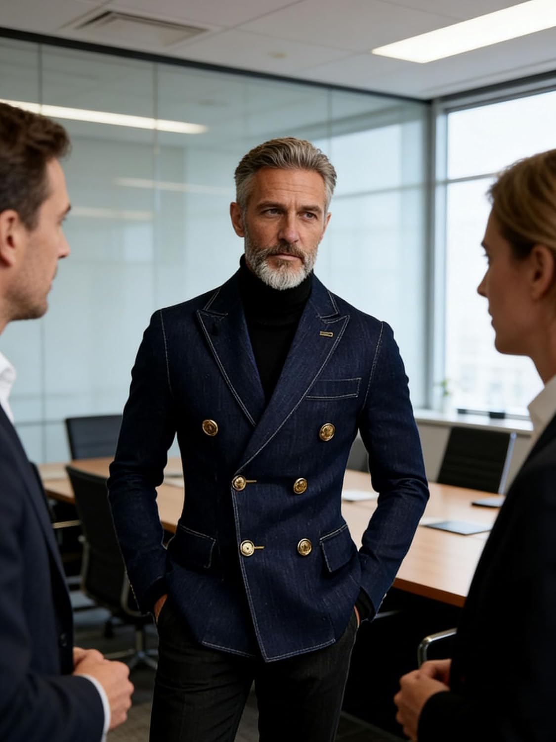 VENNYNG Men's Double Breasted Denim-Style Blazer Modern Jacket Casual Outing Date Night Trendy Mens Fashion