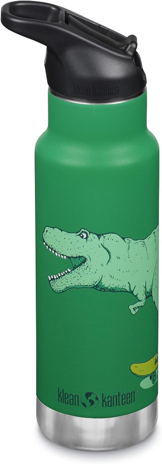 Klean Kanteen 12 oz Classic Kid's Insulated Water Bottle with Flip Seal Sport Cap - 100% Leakproof Cap - BPA-Free - Stainless Steel Material - Dino Skate