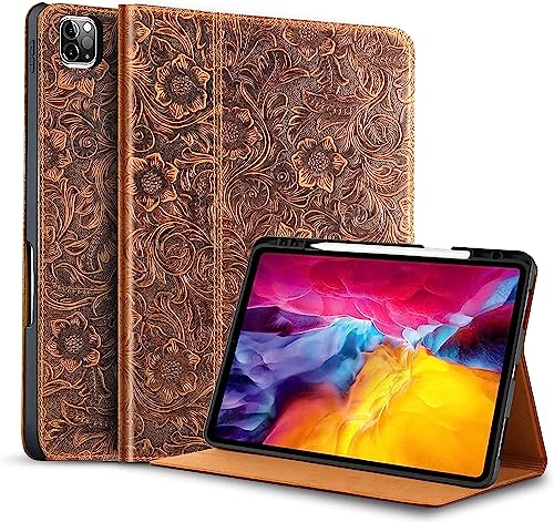 Coque iPad Pro 12,9 en cuir véritable étui de luxe élégant motif fleurs brun