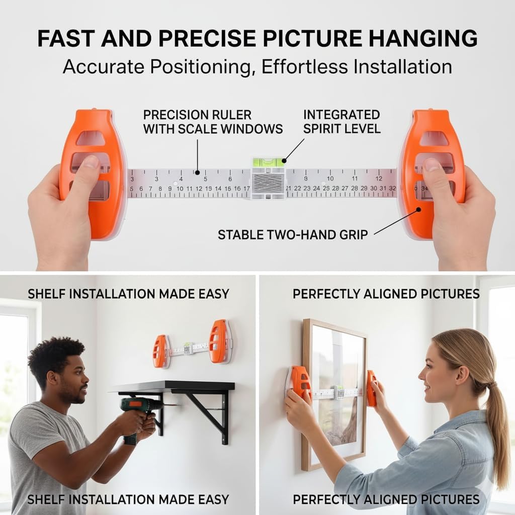 Picture Hanging Tool with Level – Magnetic Alignment Ruler for Frames & Mirrors, Wall-Friendly DIY Hanger for Home Decor