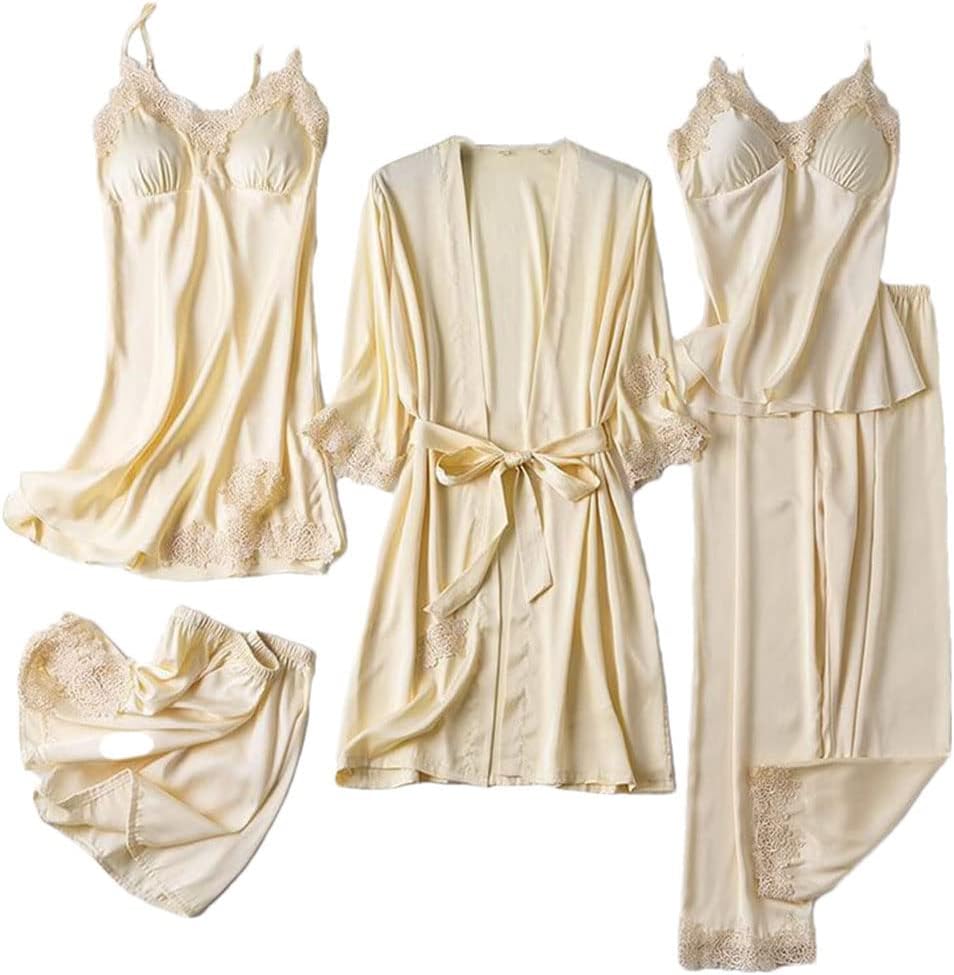 Haitpant 5Pcs Robe Set Satin Rayon Bathrobe Women Sexy Kimono Bath Gown Loose Sleepwear Nightwear Bridesmaid Robes Suit