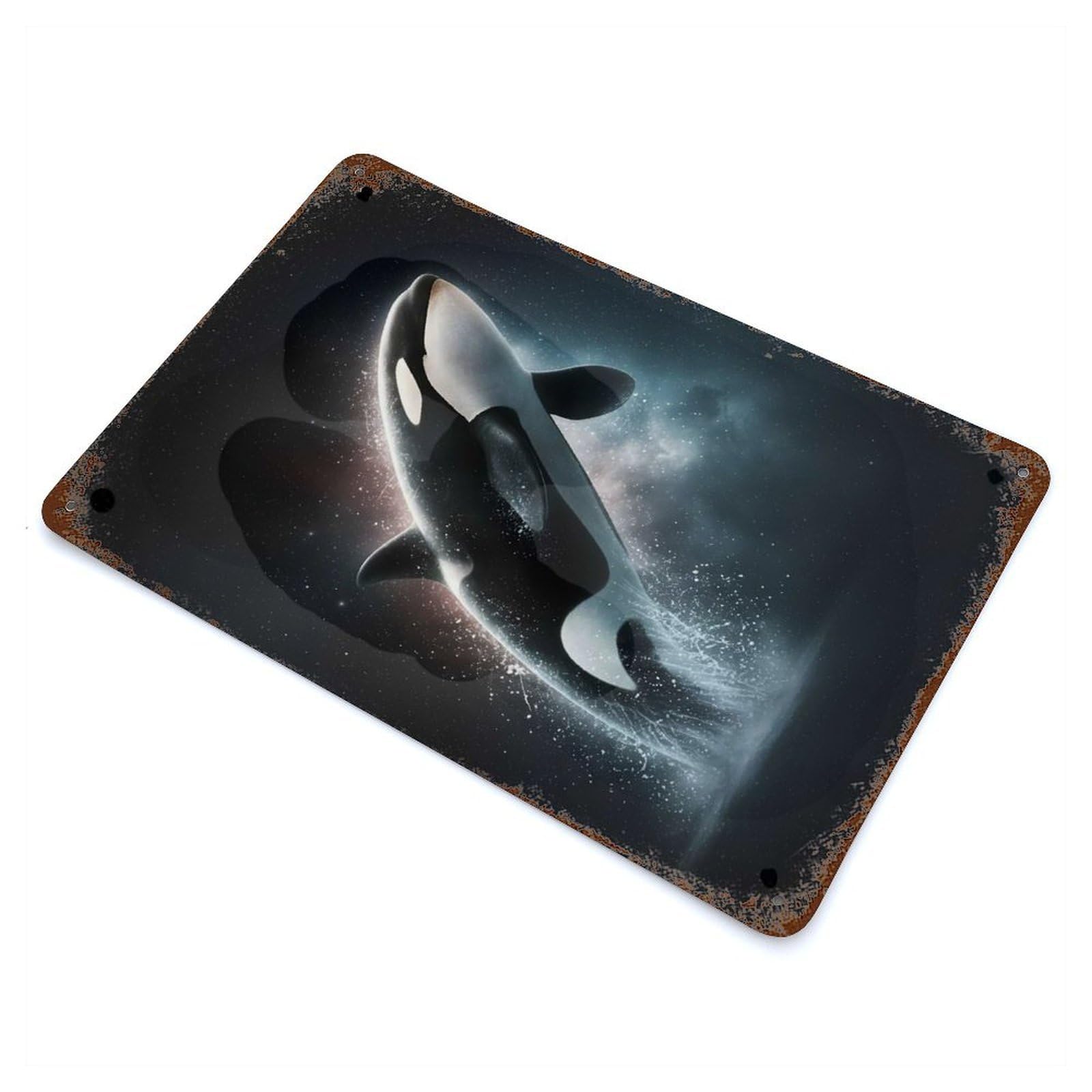 Retro Metal Sign with Leaping Orca in Starry Night Design 11.8"x7.9", for Bistro, Counter And Cafe Decor, Shabby Chic Decor