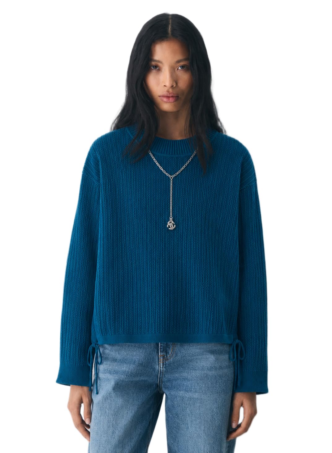 sylor Textured Knit Side-Tie Top, Crew Neck, Long Sleeve, Teal-picture-8