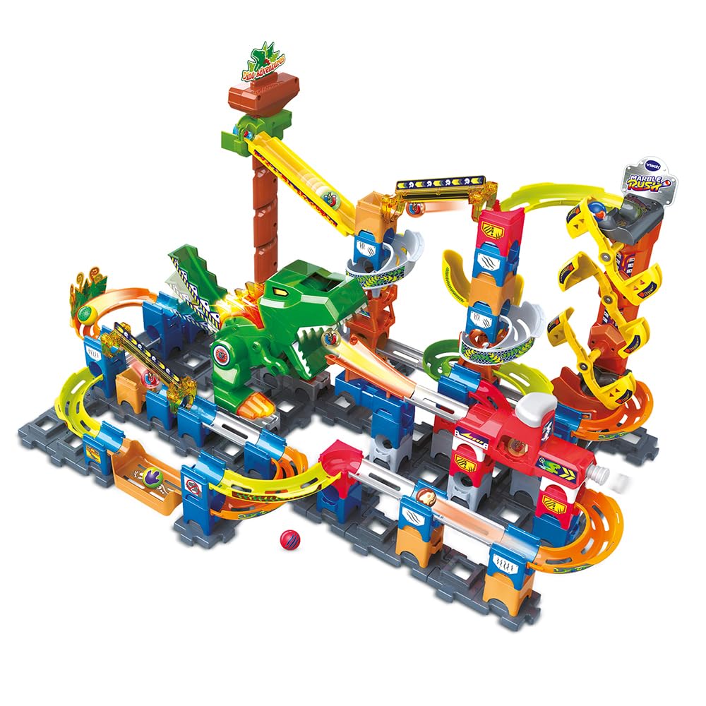 VTech - Marble Rush, Circuit à Billes Électronique Dino Adventure Magnetic Set XL400E, Jeu de Construction Magnétique Dinosaure, 100 Pièces, 10 Billes, Cadeau Enfant Dès 4 Ans - Contenu en Français