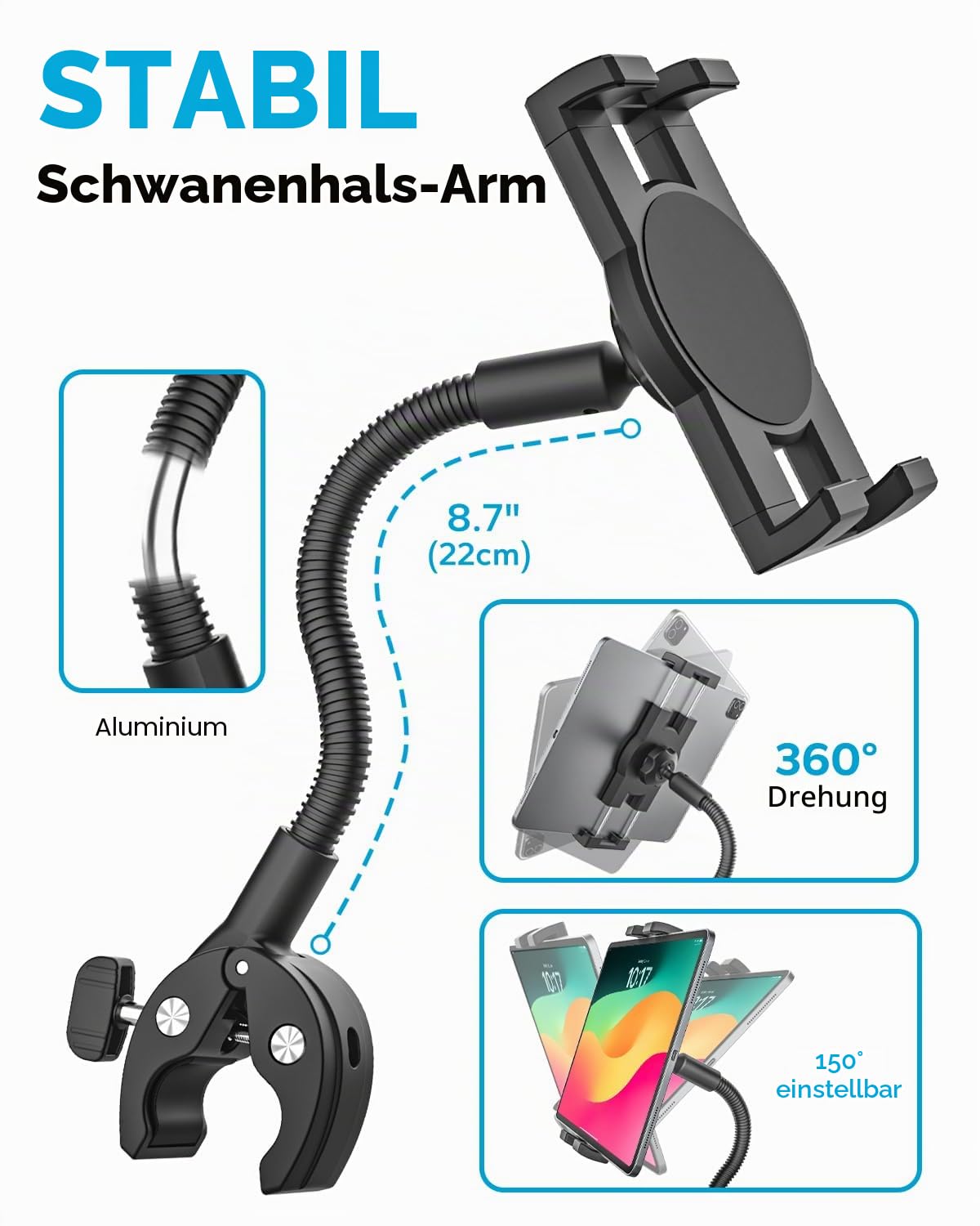 GDZN Tablet Halterung für Laufband, Heimtrainer Fahrrad, Spinning Bike, Rollstuhl, Kinderwagen, Kompatibel iPad Pro 12.9, Galaxy Tab, Kindle, Fire, Handys, 4.7-15.6" Tablets