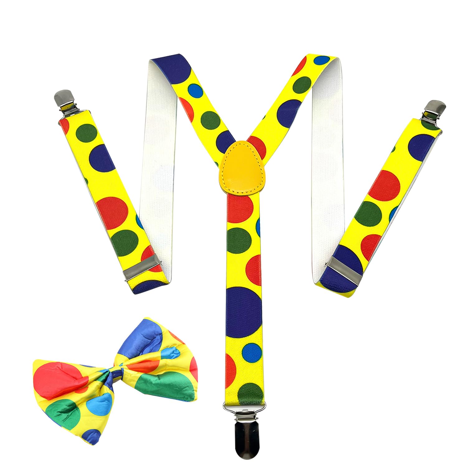 RmKbe 2pcs Clown Costume Set Polka Dot Clown Trouser Braces Rainbow Bow Tie Adjustable Suspenders Party Dress up Accessories for Halloween Cosplay