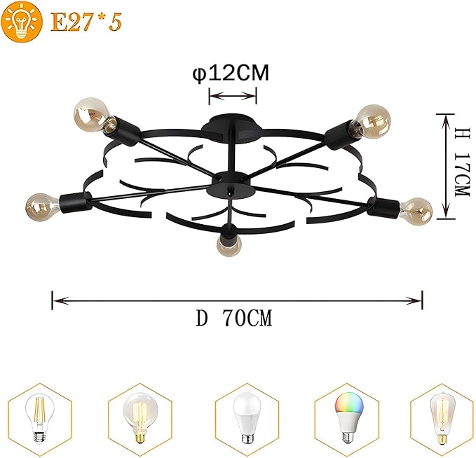 OURLOVEII E27 Plafondlamp Vintage Industrieel Metaal Woonkamer Ø70cm, Plafond Kroonluchter 5 vlams Rustiek Zwart Bloemdesign, Lampen Plafond Slaapkamer Decoratie Retro photo 2