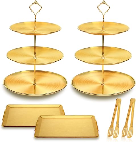 Juego de 6 soportes dorados para cupcakes, juego de exhibición de mesa de postres de acero inoxidable, 2 soportes para pasteles de 3 niveles, 2 disponible en Yaxa Peru