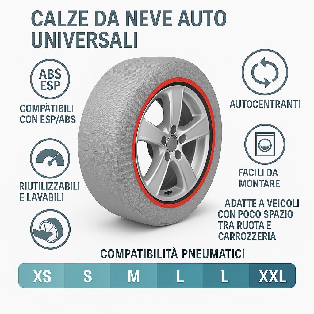 Calcetines de nieve universales para coche, compatibles con ESP/ABS, autocentrantes, reutilizables y lavables, fáciles de montar, aptos para vehículos con poco espacio entre rueda y carrocería (L)