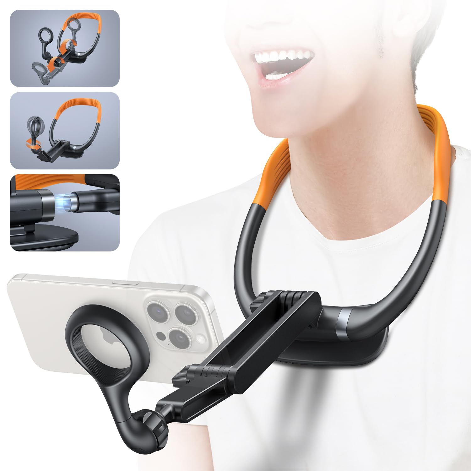Magnetic Neck Phone Holder, Neck Mount for Phone, Hand Free Around Chest Stand POV/Vlog Video Recording & Filming, Neck Tripod and Selfie Holder for iPhone 16 15 14 13 12 Pro Max Plus Mini, (Orange)